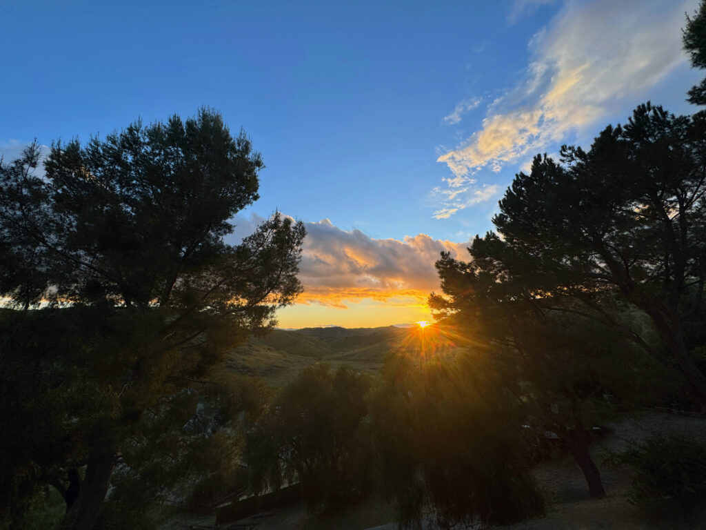 Sunset view over Upper Las Virgenes Canyon from private estate in West Hills, Los Angeles