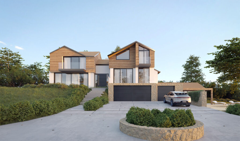 Architectural rendering of the future home at 28901 Selfridge Drive in Malibu’s Point Dume, featuring a modern design with ocean views and three-car garage.