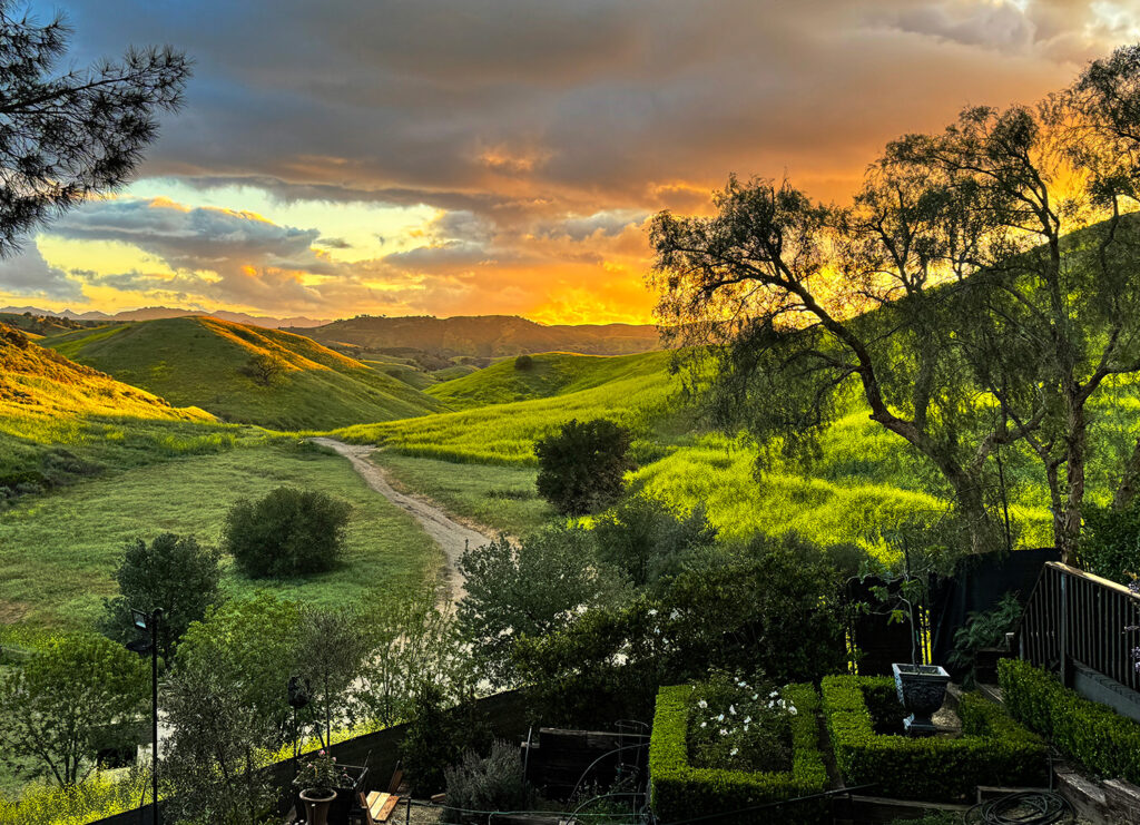 View from the private West Hills estate during the golden-hour sunset overlooking Open Space Preserve.